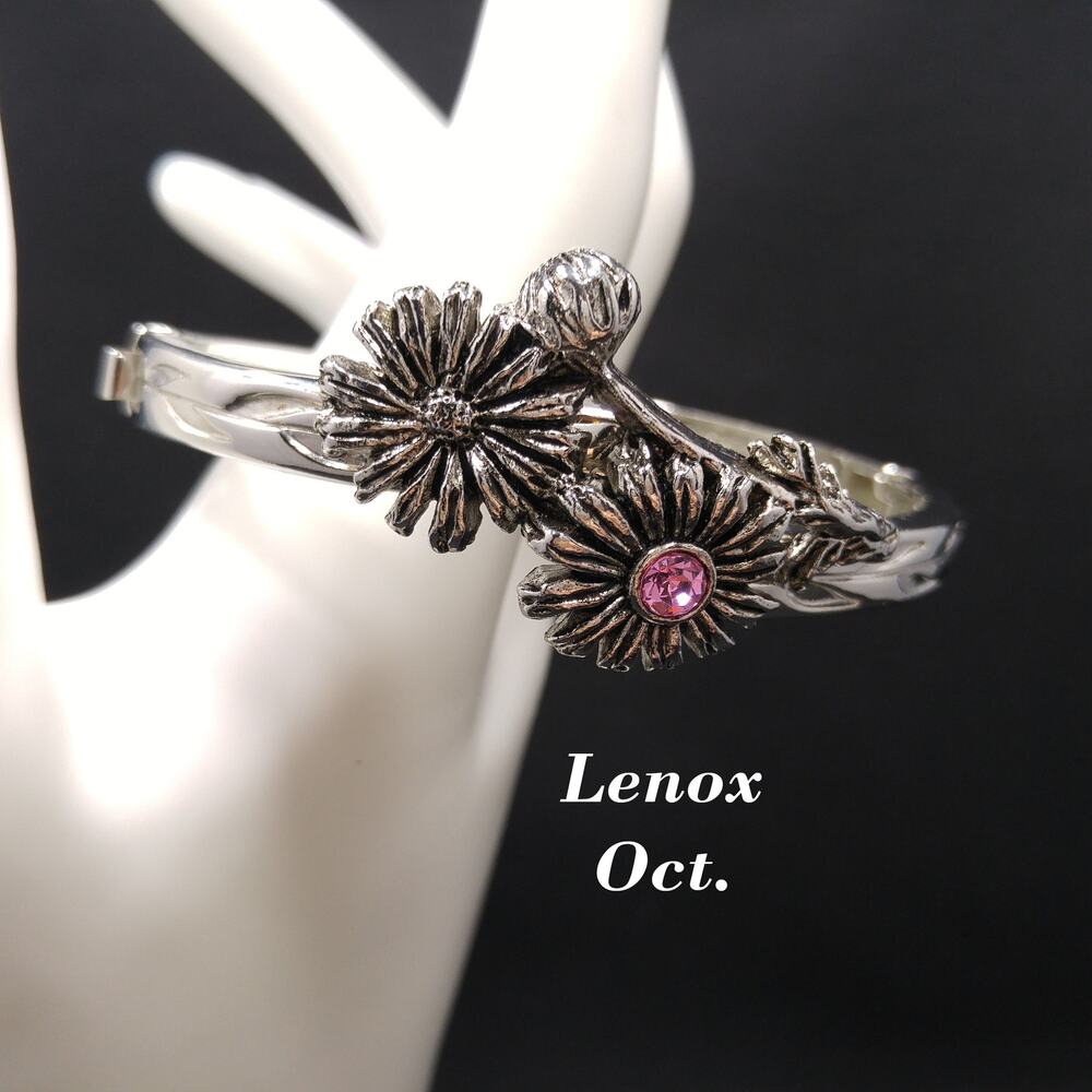 Lenox October Flower Bracelet Pink Rhinestone Silver Tone Hinged